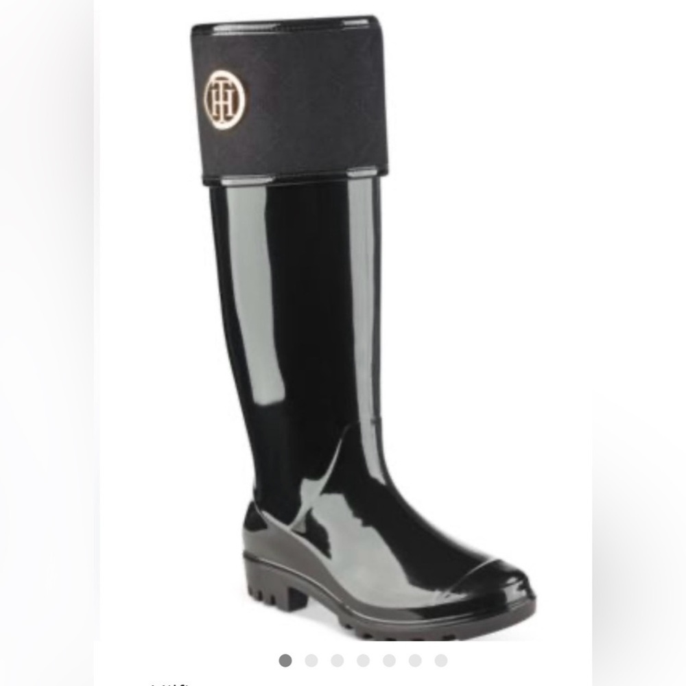 Tommy Hilfiger Black Rain Boots Women’s Size 9 Faux Suede Cuff Gold Logo Tall‎
